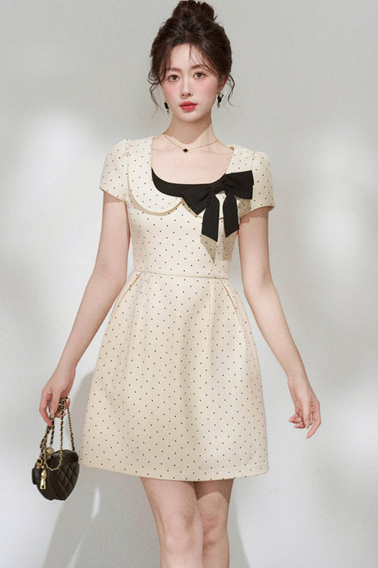 French Girly Ribbon Polka Dot Dress