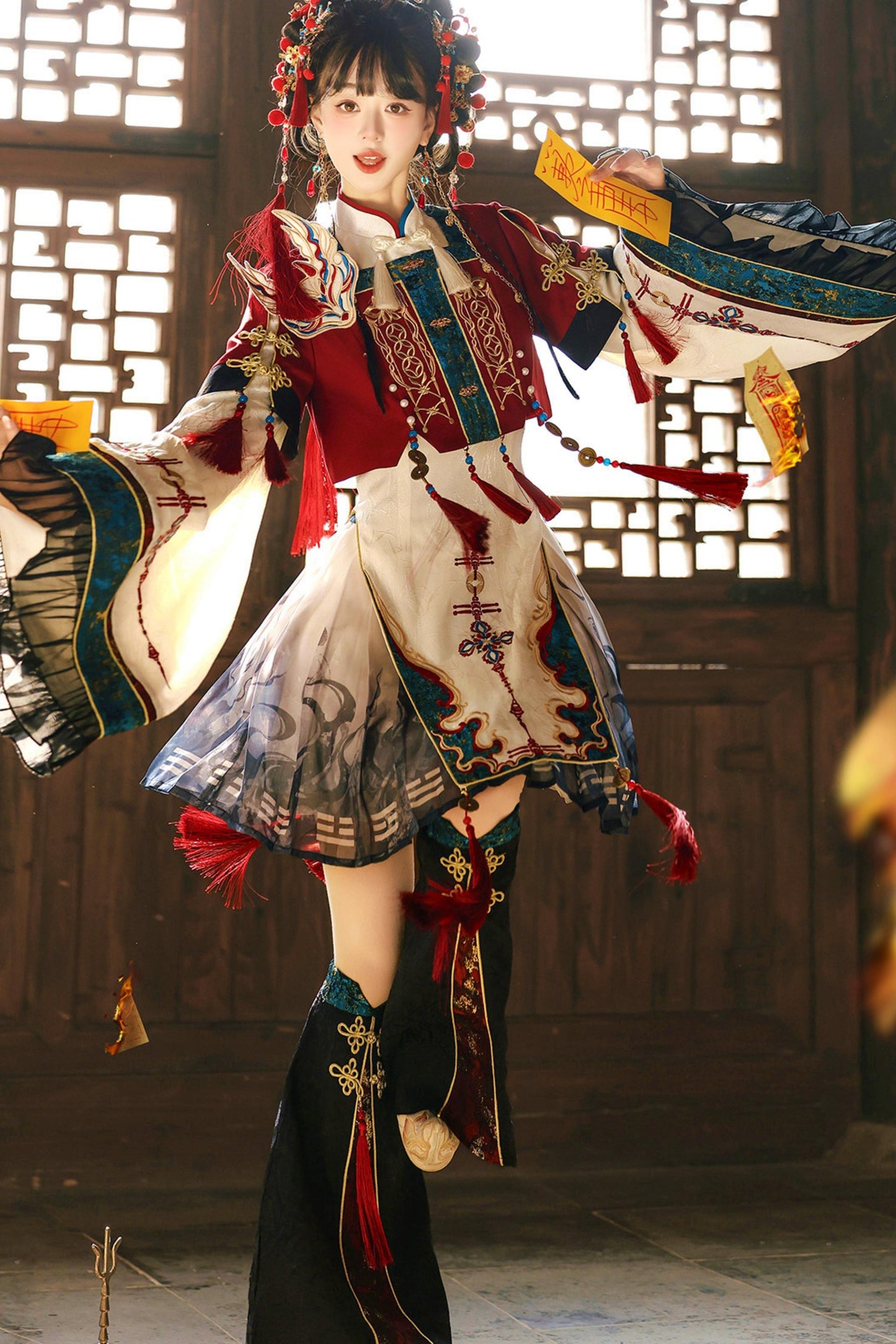 Cyber Chinese Fantasy Lolita Dress + Top + Outerwear + Skirt + Leg Warmers