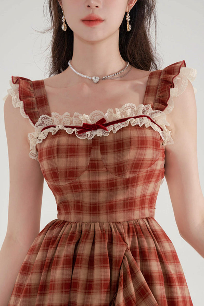 Sweet Red Plaid Lace Dress