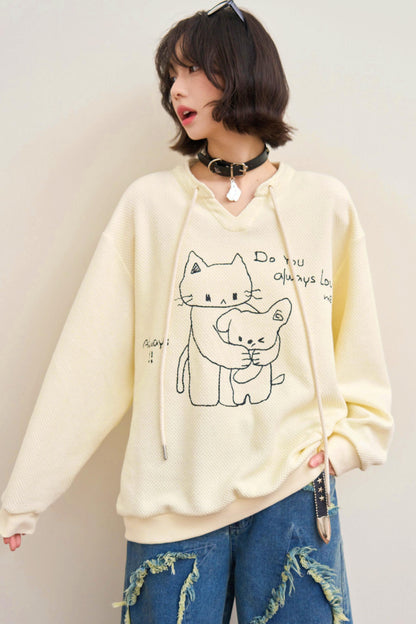 Cat Loose V Neck Sweatshirt