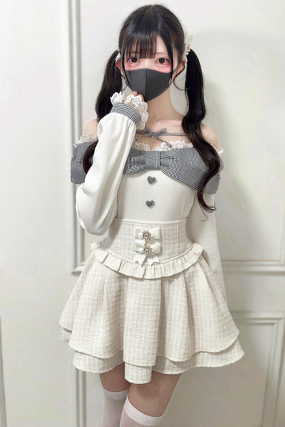 Off-shoulder Lace Ribbon Strap Knit Top