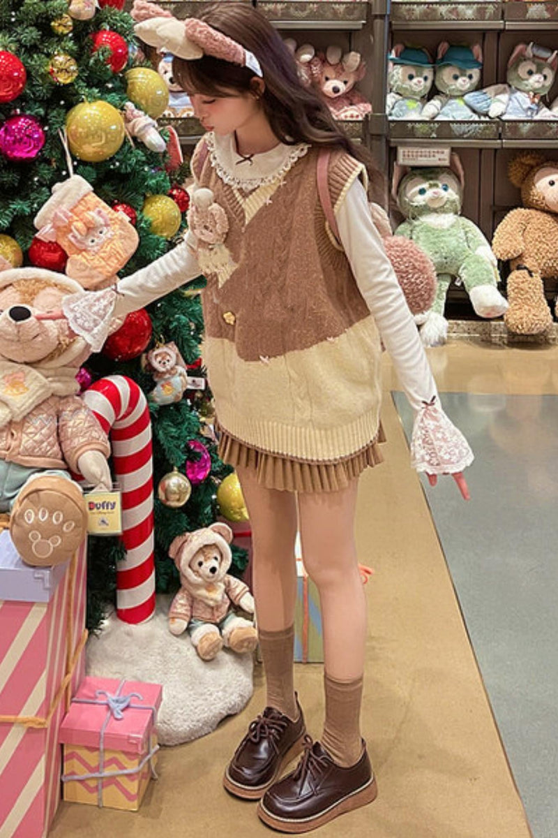 Sweet Bear Embroidered Knitted Vest + Cardigan