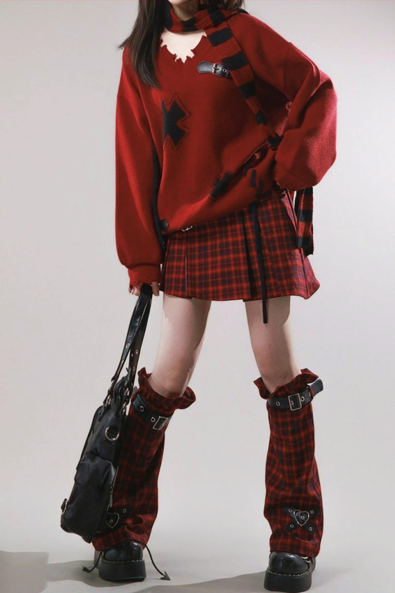 Diagonal Plaid Pleated Skirt + Leg Warmers