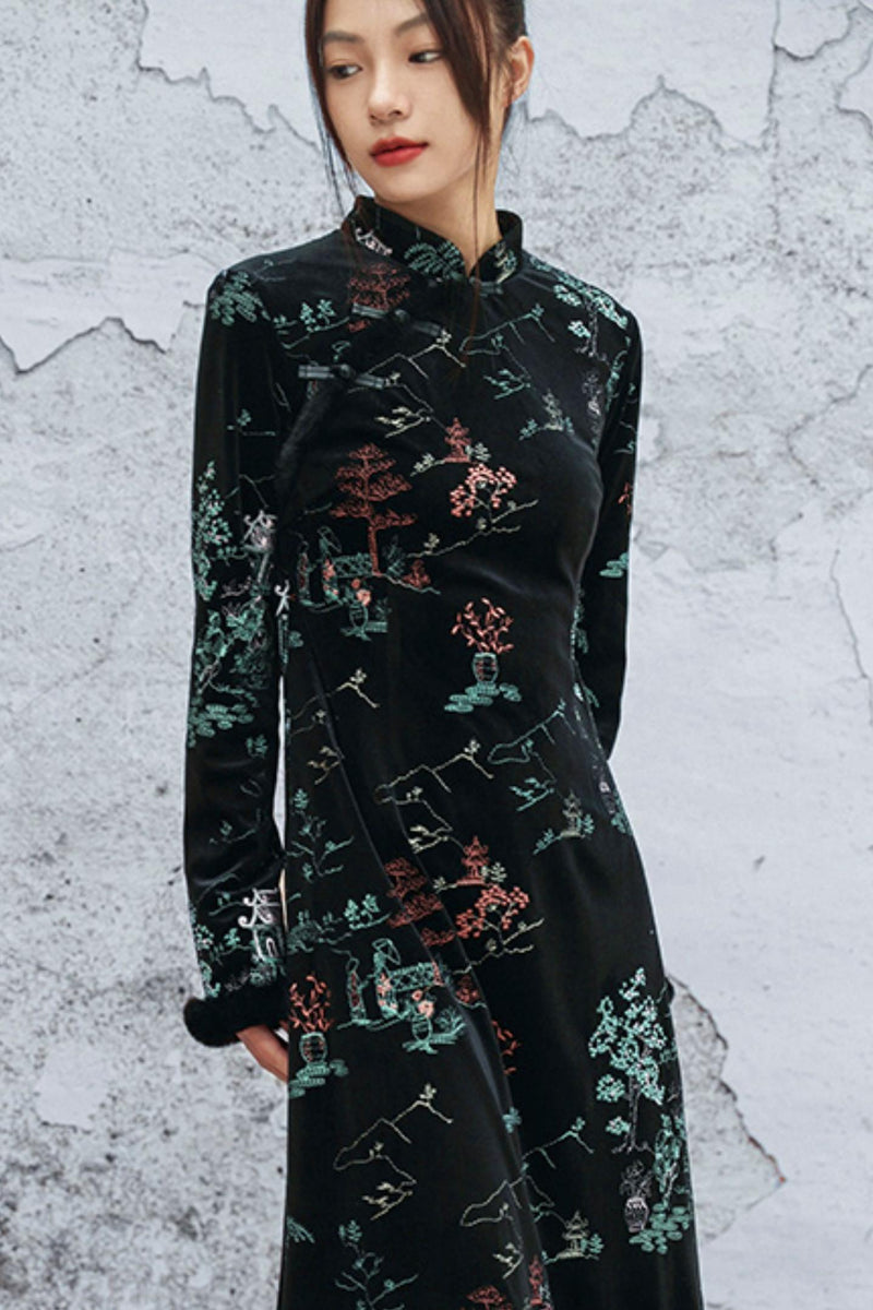 Embroidered Plush Cheongsam Dress