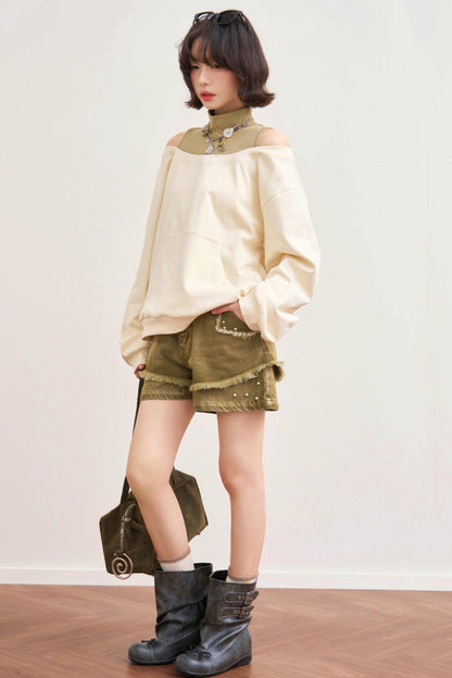 Patchwork Color Block Off Shoulder Top