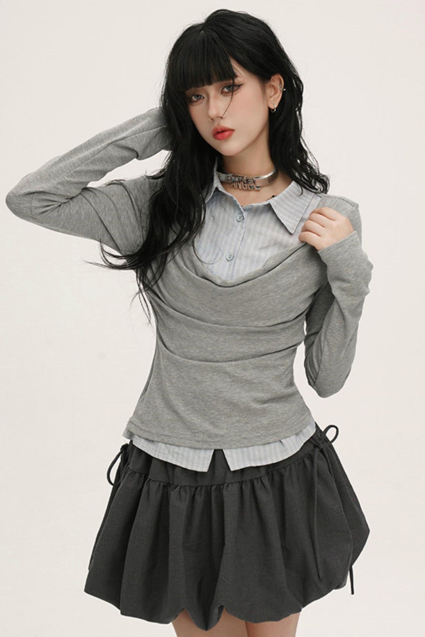 Drape Cowl Neck Layered Shirt