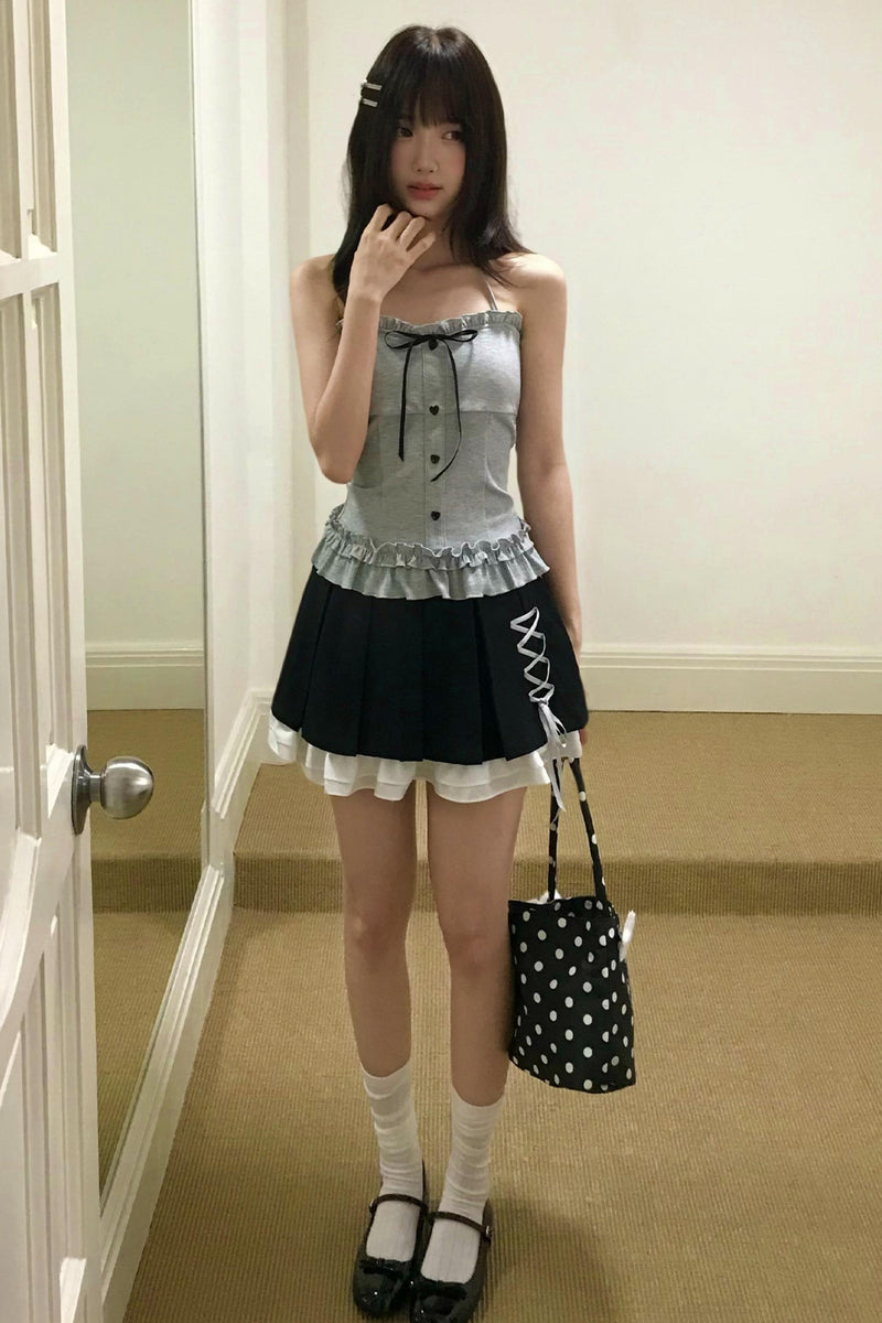 Halter Neck Cami + Lace-up Pleated Skirt + Cardigan Set