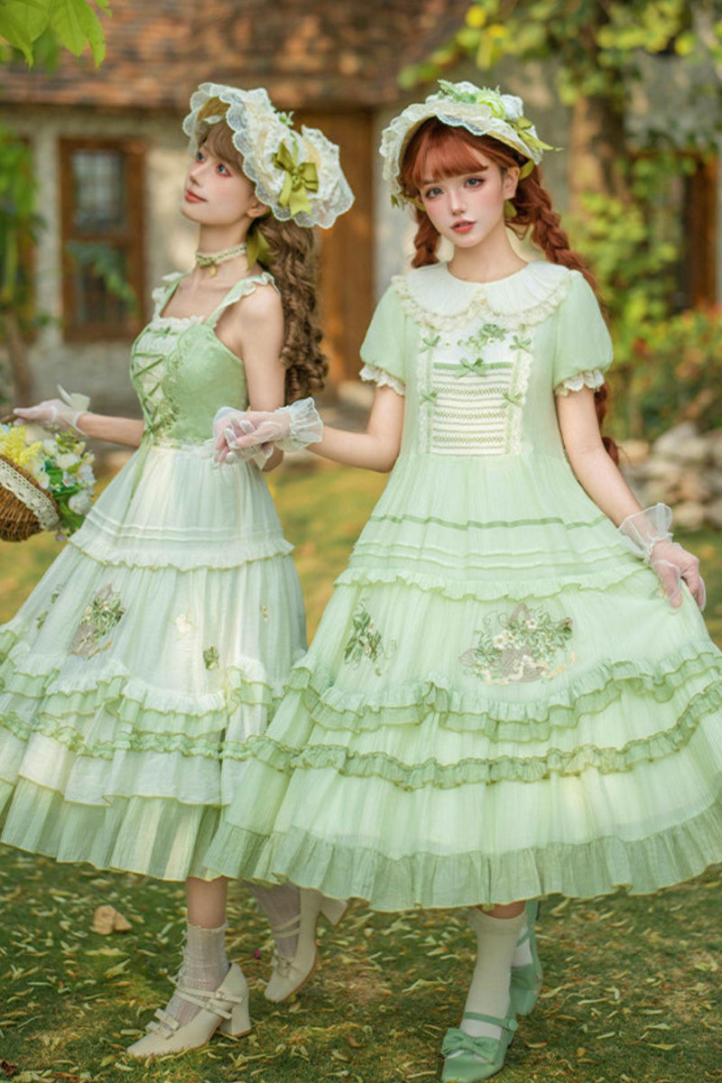 Green Embroidered Lolita One-piece Dress + Cardigan + Hat + Belt + Accessories