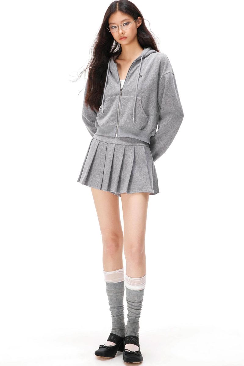 Zip-up Hoodie + Pleated Skirt