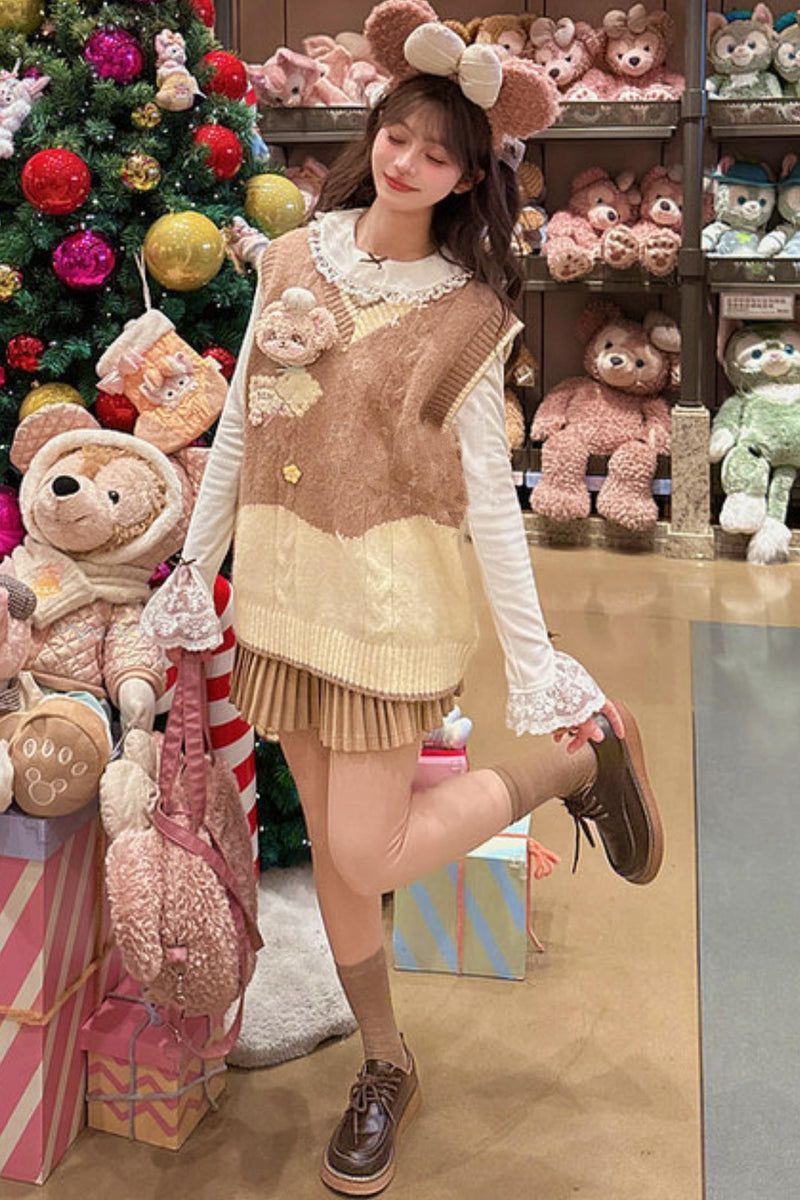 Sweet Bear Embroidered Knitted Vest + Cardigan