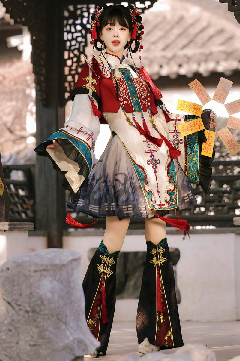 Cyber Chinese Fantasy Lolita Dress + Top + Outerwear + Skirt + Leg Warmers