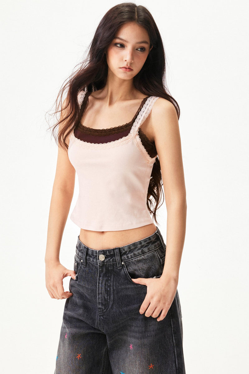 Star Print Lace Trim Tank Top
