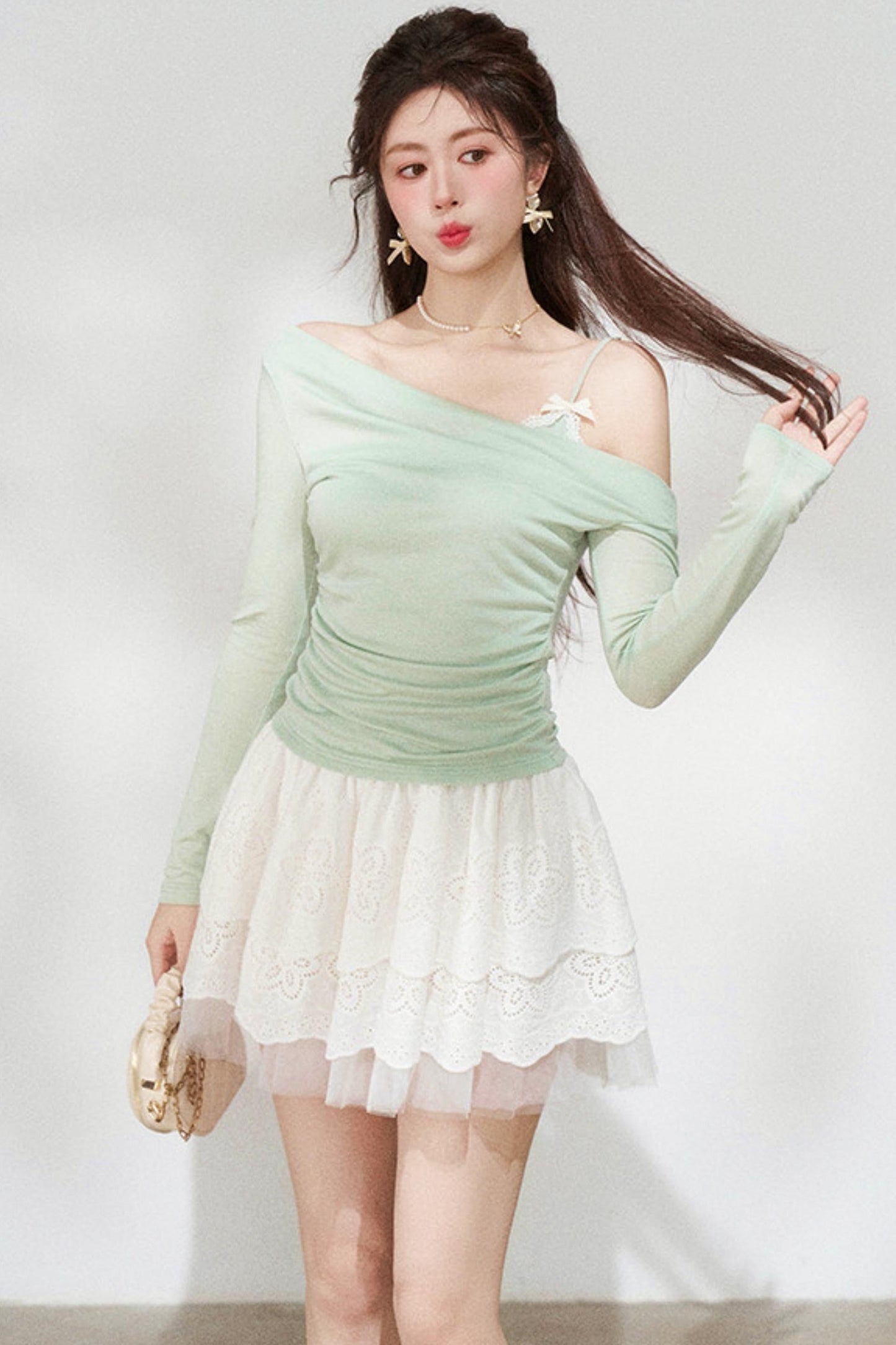 Sweet Green Off-shoulder Knit Top + Skirt