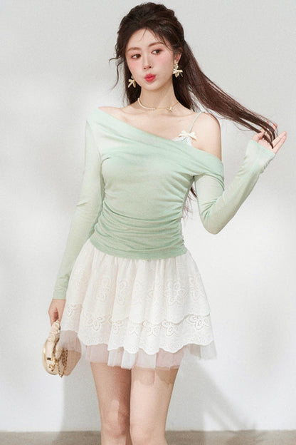Sweet Green Off-shoulder Knit Top + Skirt