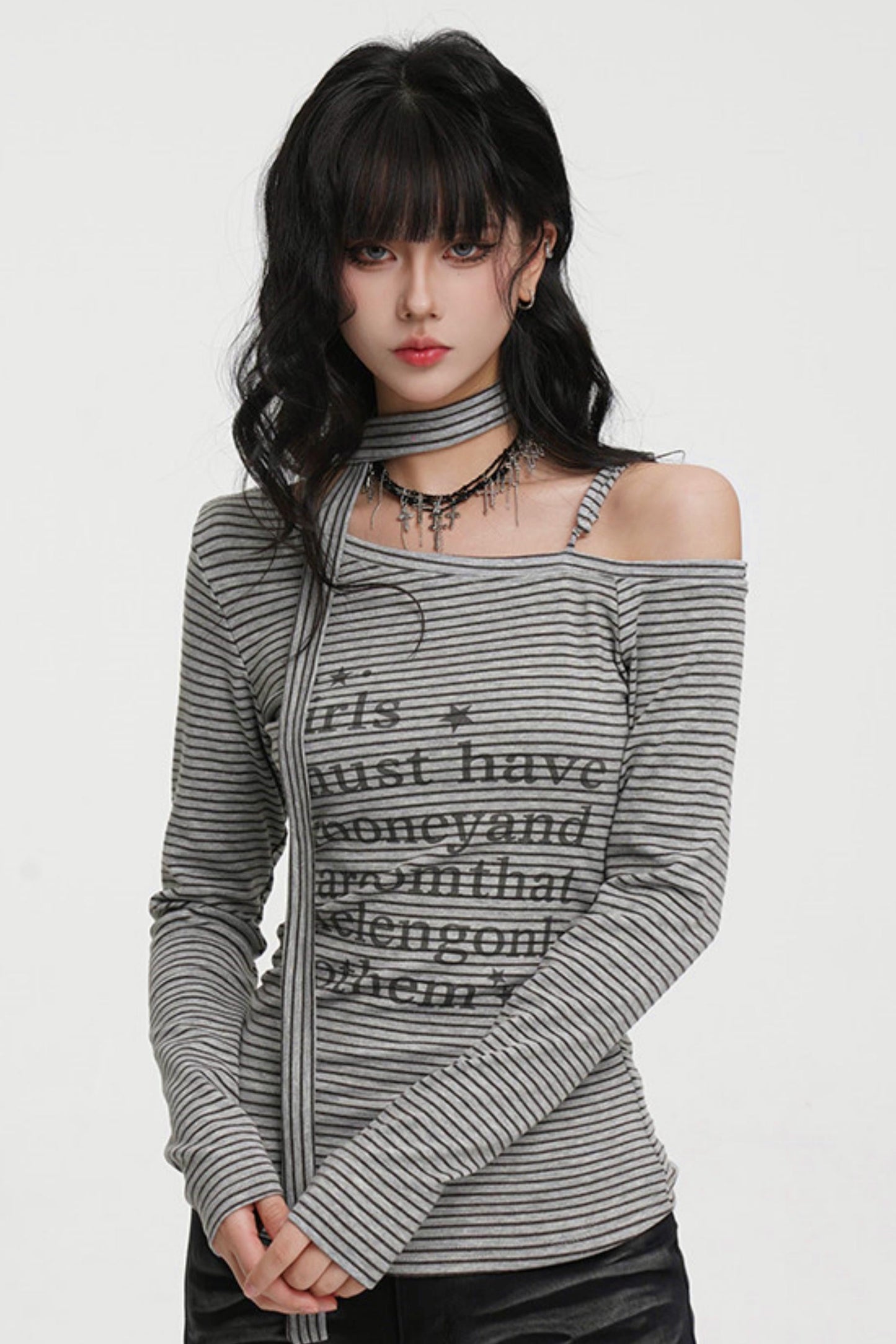 Striped One-shoulder Tie-neck Top