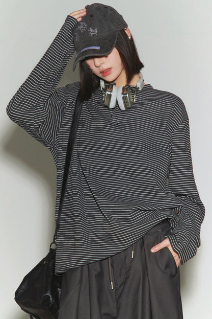 Loose Striped Button Neck Top