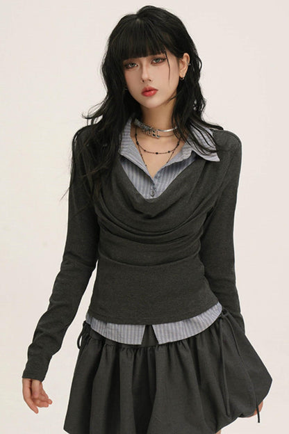 Drape Cowl Neck Layered Shirt