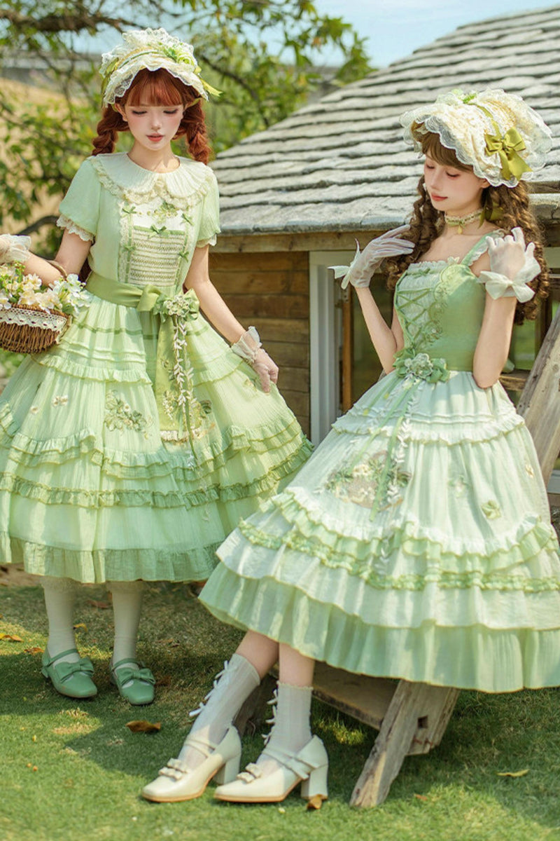 Green Embroidered Lolita One-piece Dress + Cardigan + Hat + Belt + Accessories