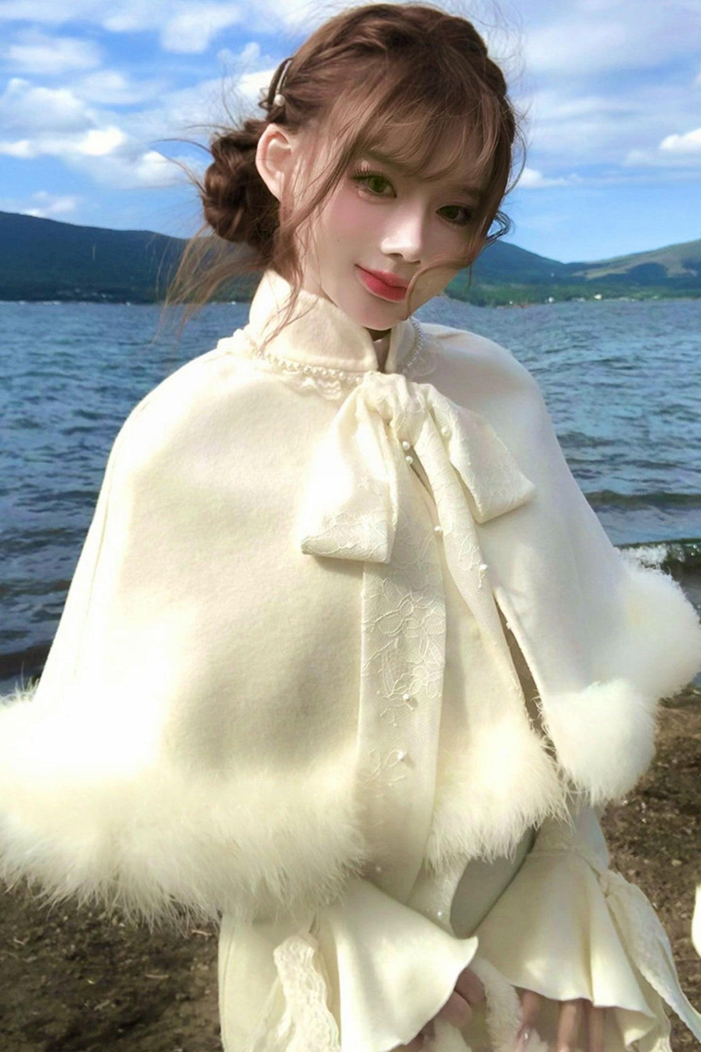 French Lace Waist Slimming Dress + Soft White Longline Cloak