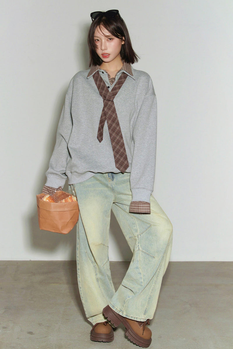 Plaid Patchwork Polo Sweatshirt