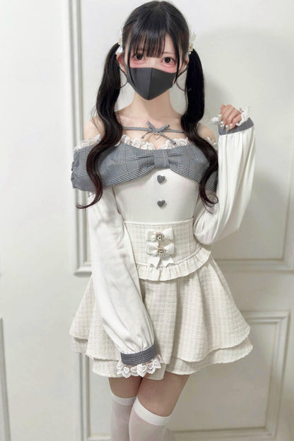 Off-shoulder Lace Ribbon Strap Knit Top