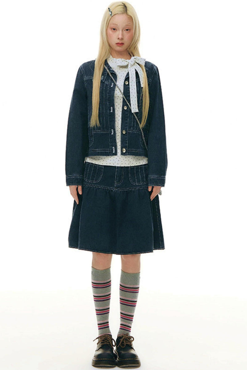 Pleated Denim Jacket + Skirt