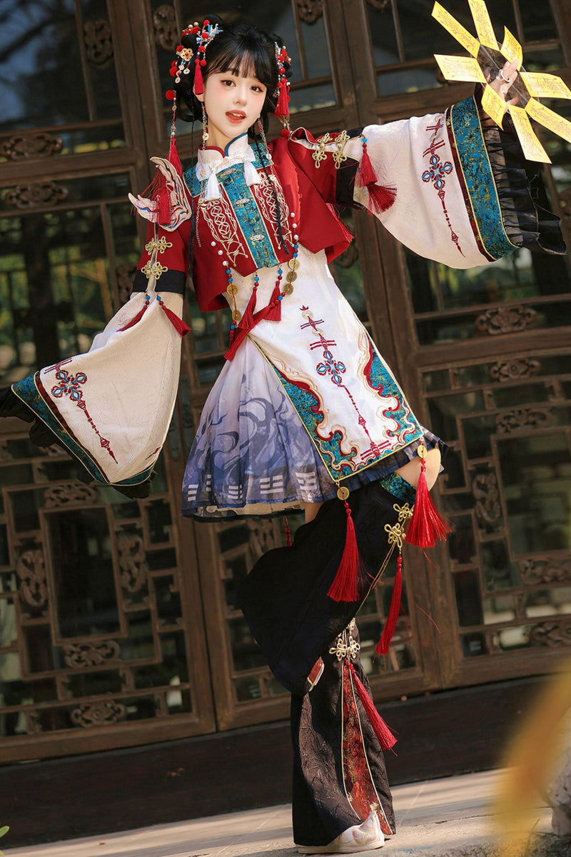 Cyber Chinese Fantasy Lolita Dress + Top + Outerwear + Skirt + Leg Warmers
