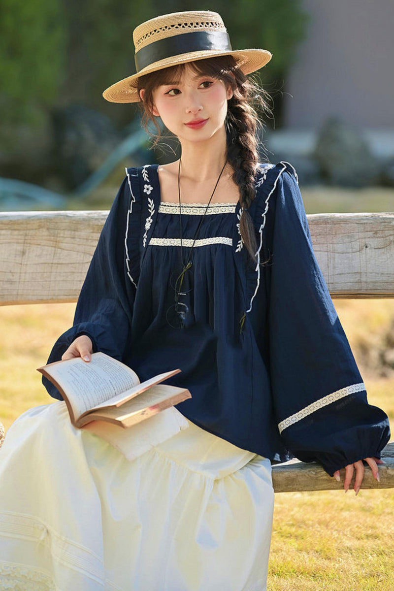 Lace Embroidered Square Collar Blouse
