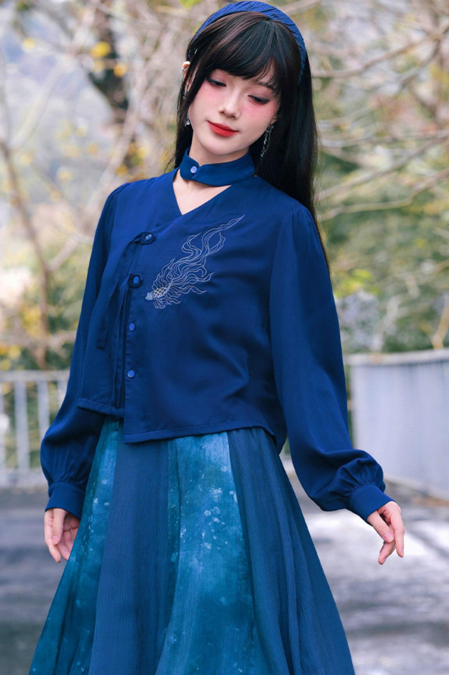 Embroidered Lantern Sleeve Blouse