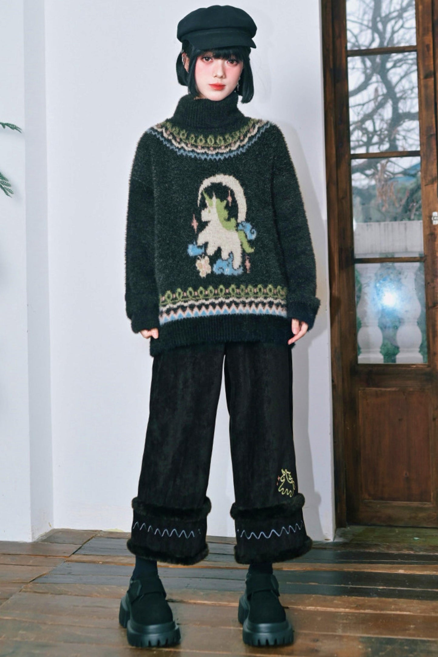 Four Pop Faux Fur Jacquard Sweater