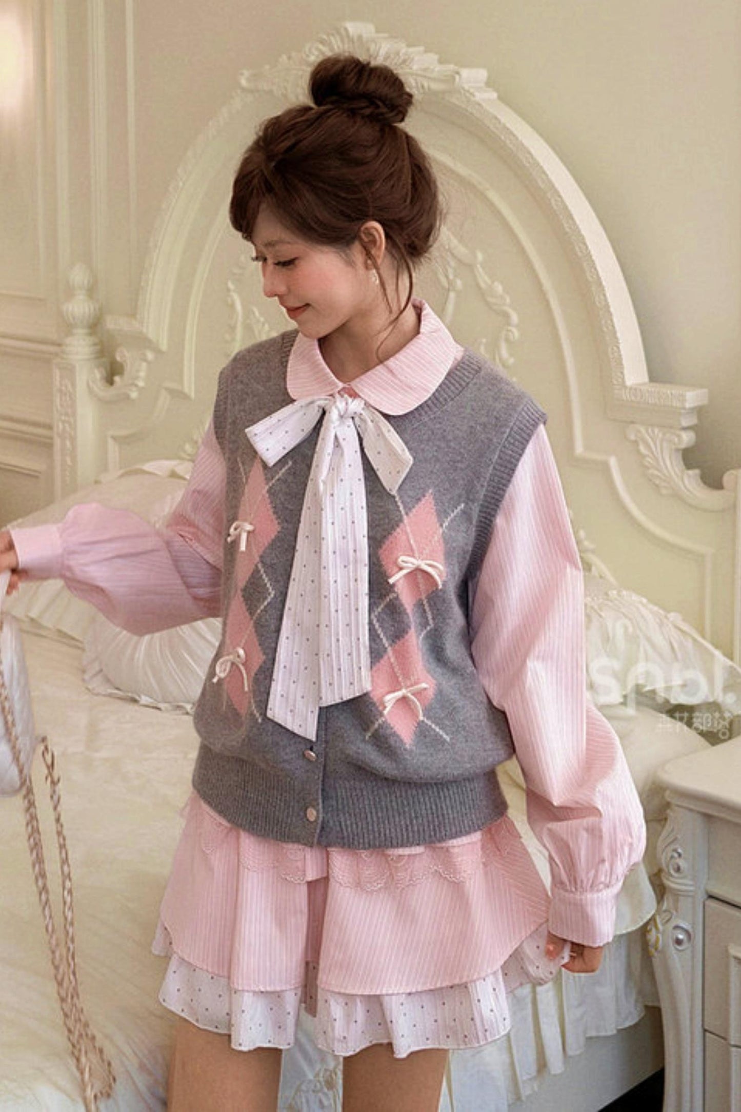 Lace Patchwork Doll Collar Blouse + Skirt