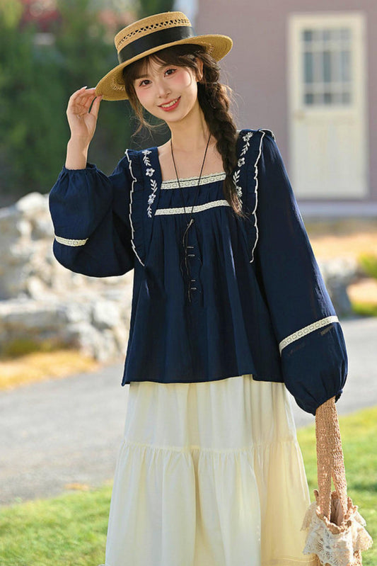Lace Embroidered Square Collar Blouse