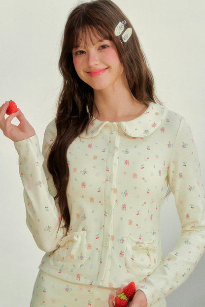 Printed Doll Collar Blouse + Pants
