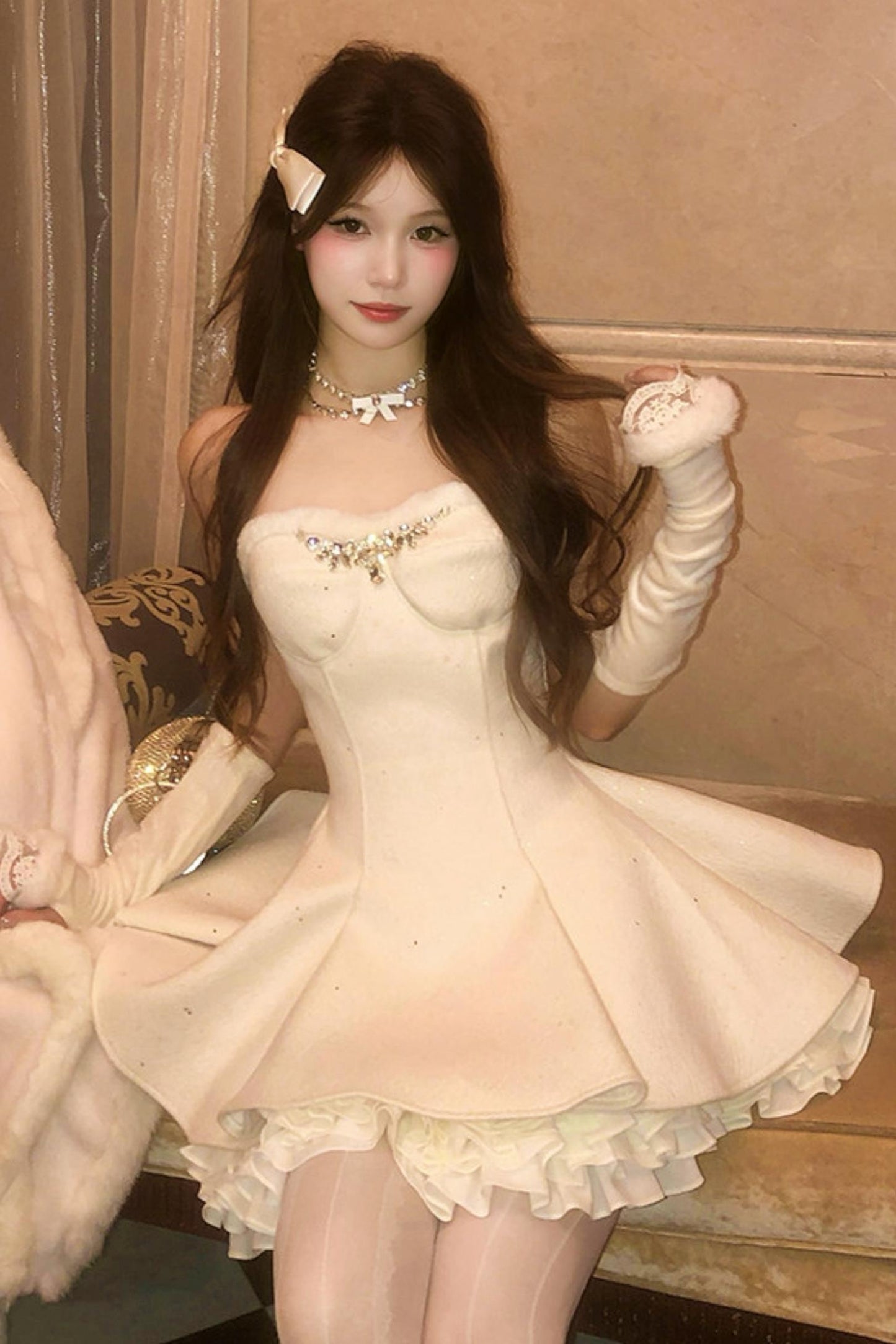 French Off-the-shoulder Dress + Shawl + Sleeves