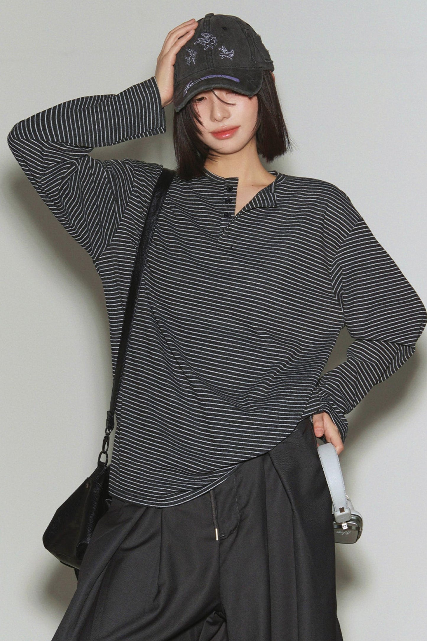 Loose Striped Button Neck Top