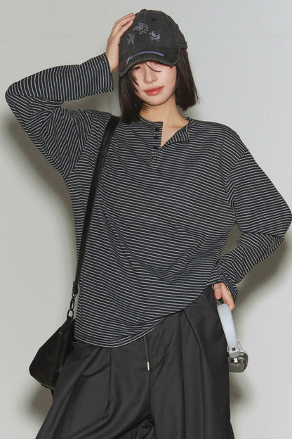 Loose Striped Button Neck Top