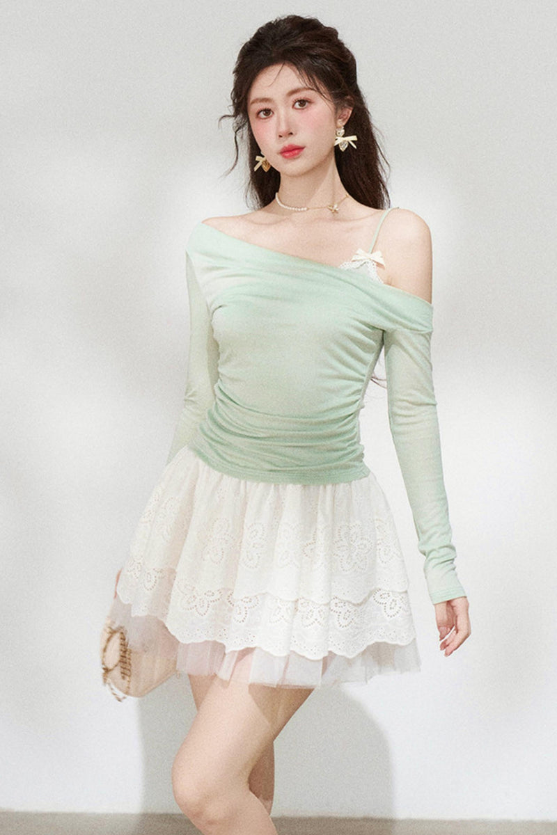 Sweet Green Off-shoulder Knit Top + Skirt