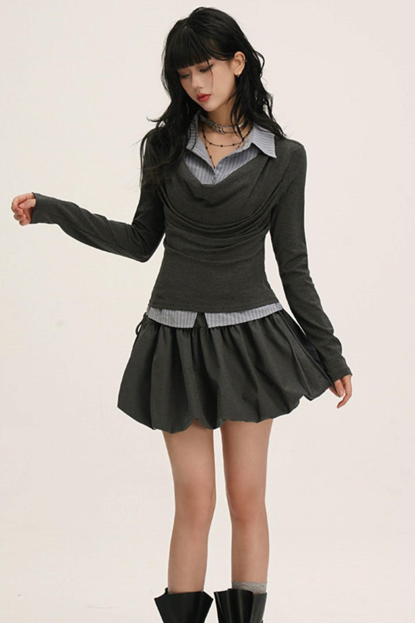 Drape Cowl Neck Layered Shirt