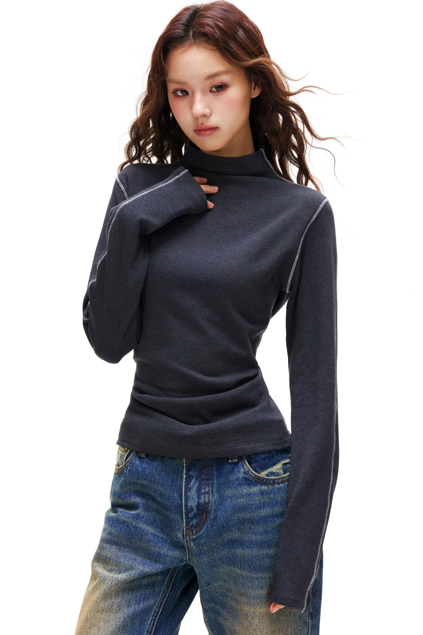 A-line Arm Turtleneck Tops