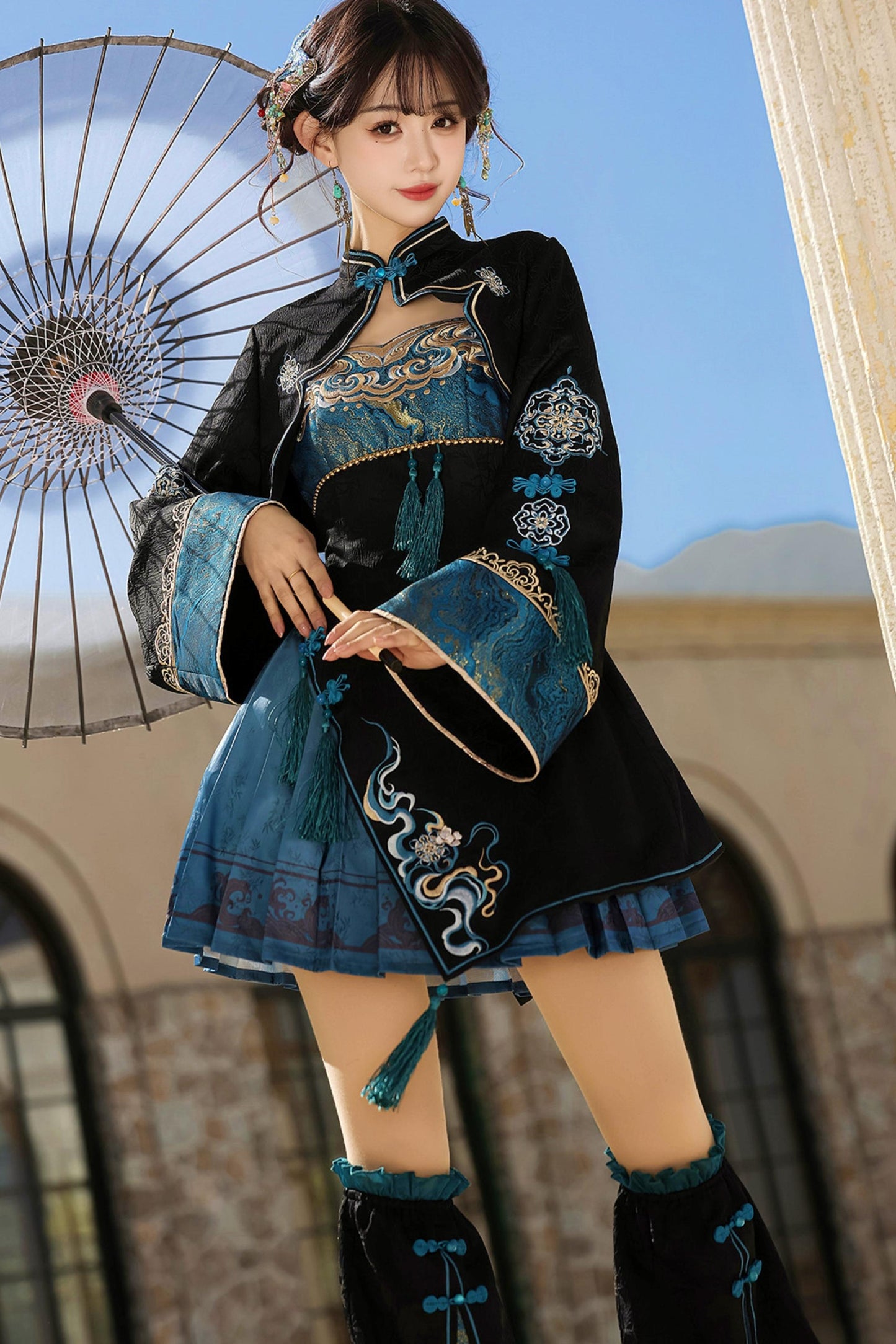 Cyberpunk Chinese-style Lolita Top + Strapped Dress + Skirt + Leg Covers