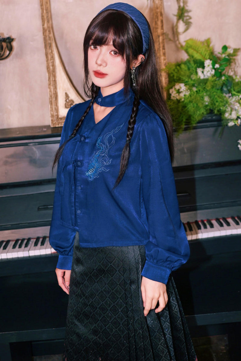 Embroidered Lantern Sleeve Blouse