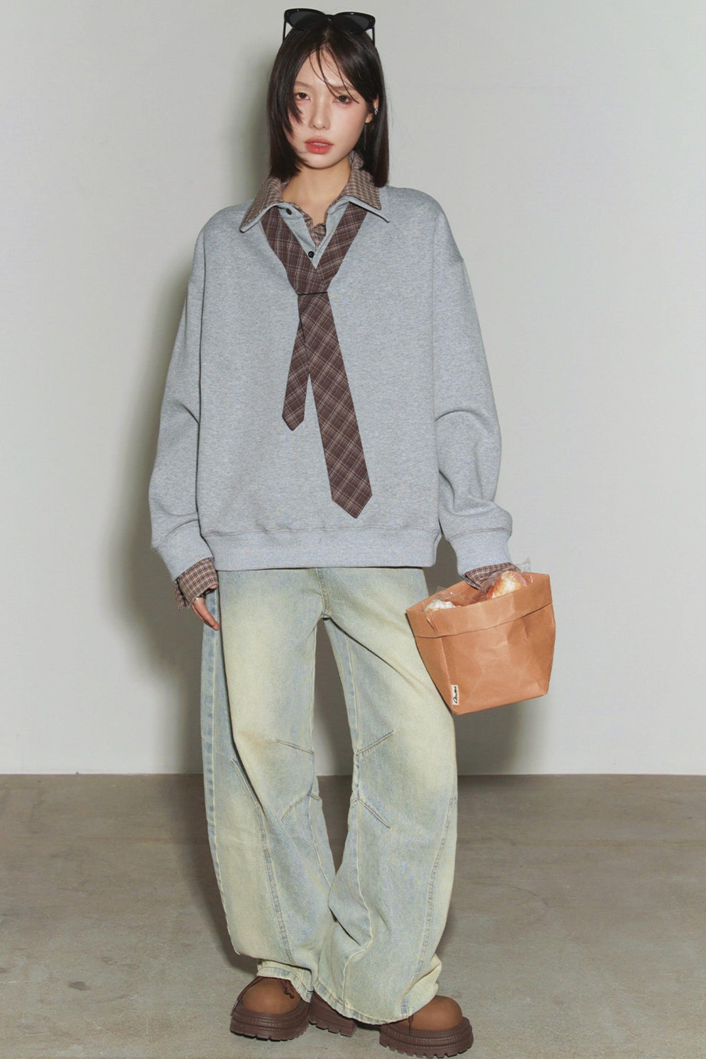 Plaid Patchwork Polo Sweatshirt