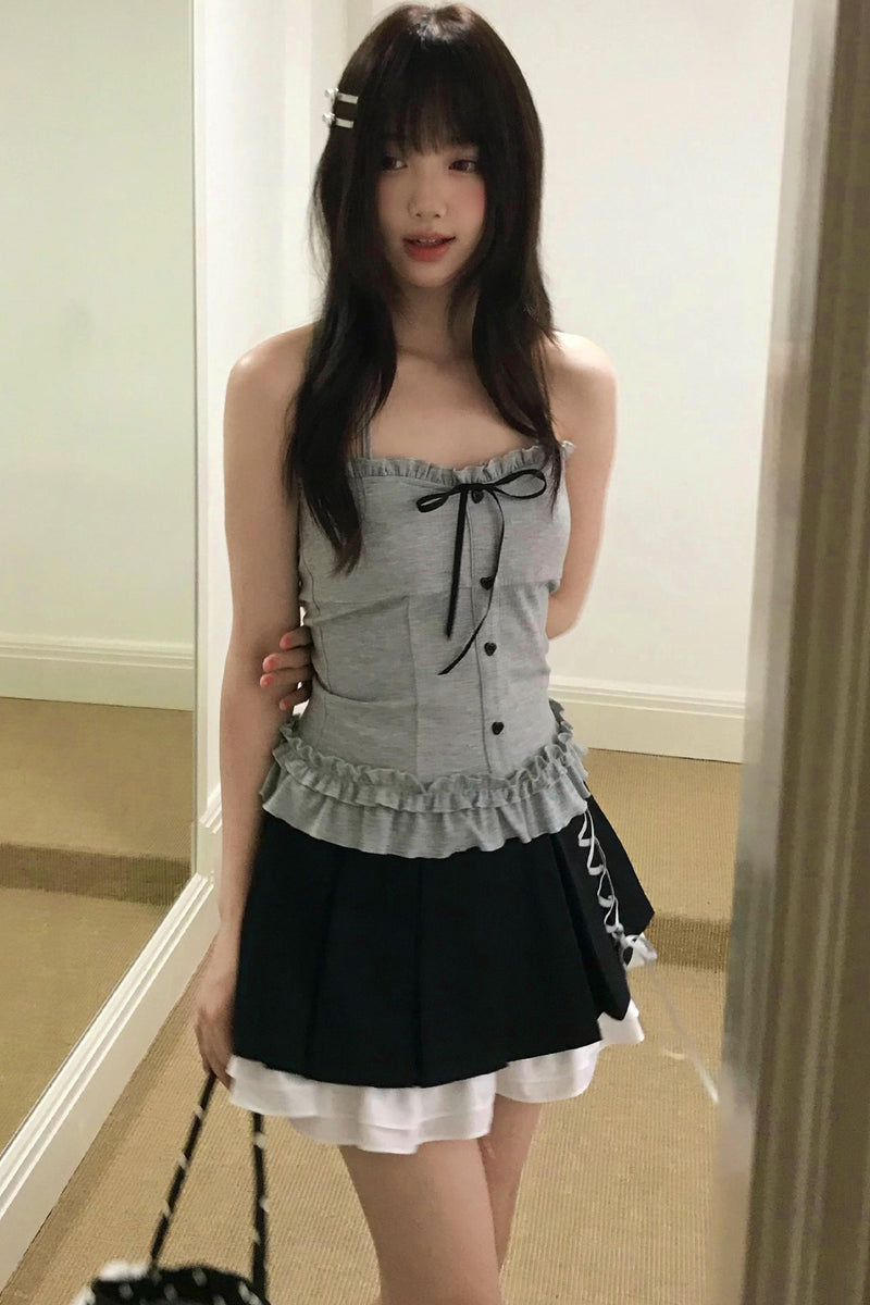 Halter Neck Cami + Lace-up Pleated Skirt + Cardigan Set
