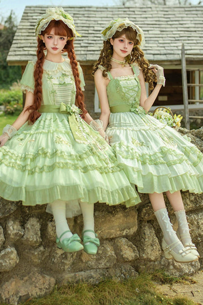 Green Embroidered Lolita One-piece Dress + Cardigan + Hat + Belt + Accessories