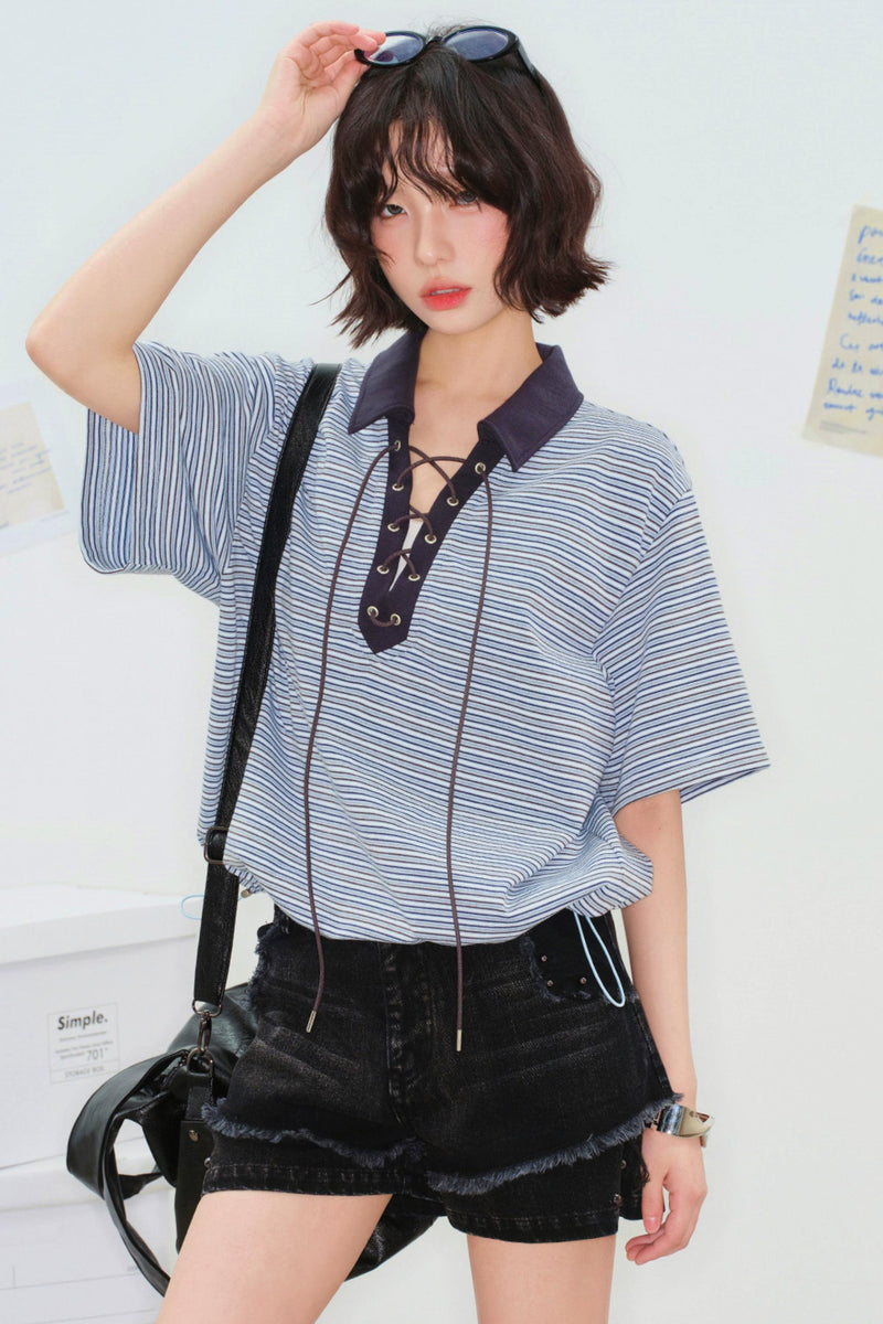 Striped Crop Polo Top