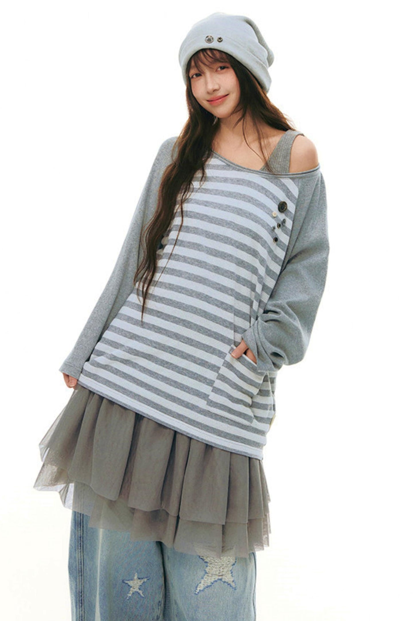 Button Striped Off-shoulder Top