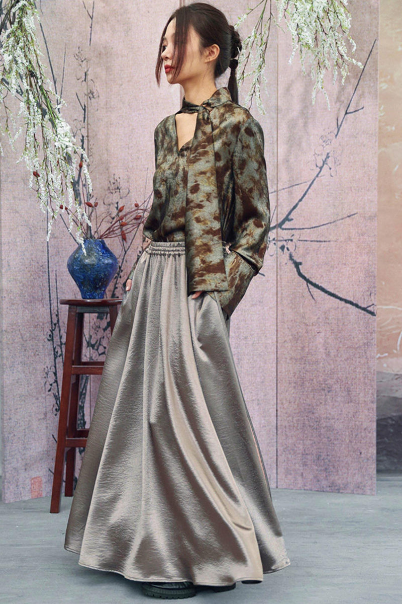 Silver Gray Metallic Satin Blouse