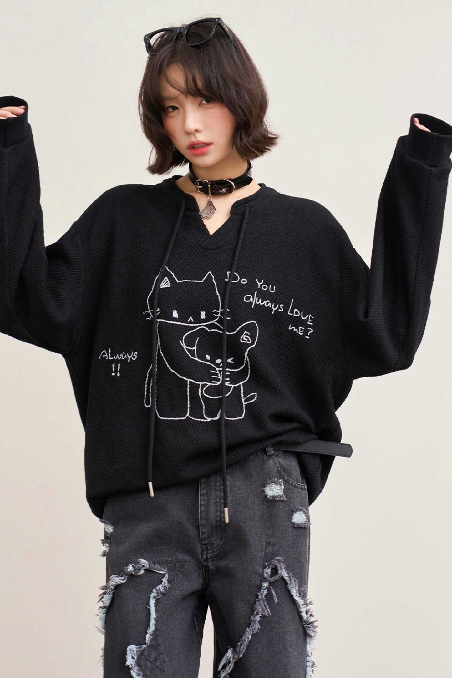 Cat Loose V Neck Sweatshirt