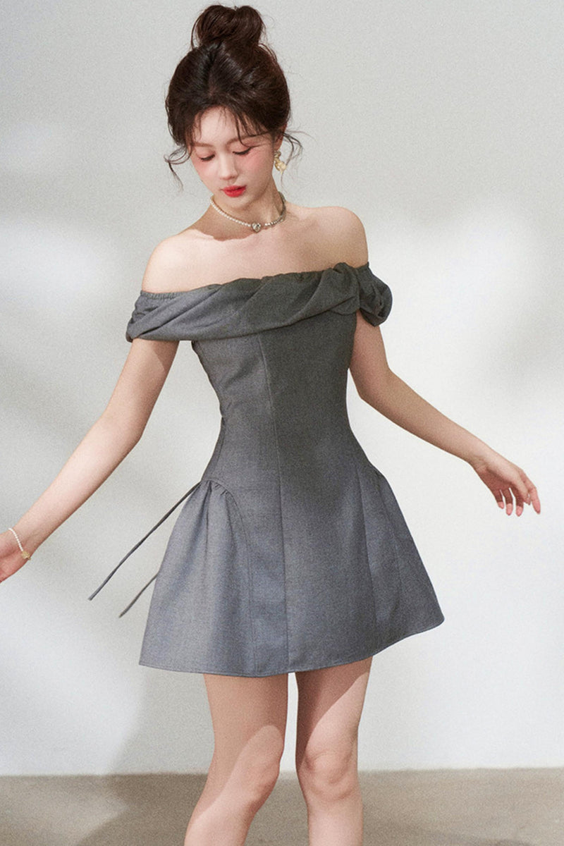 French Gray Off-shoulder Dress