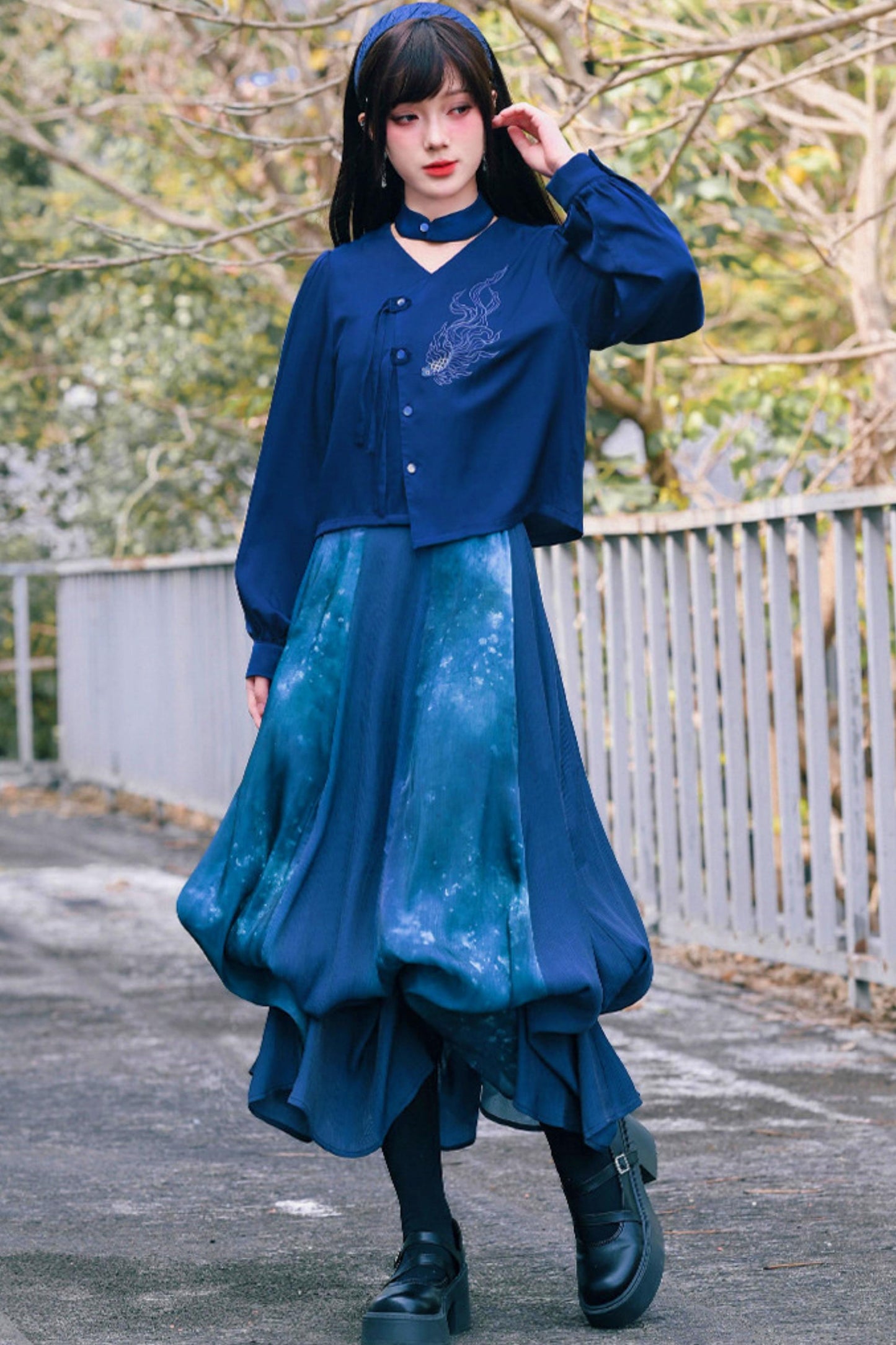 Embroidered Lantern Sleeve Blouse
